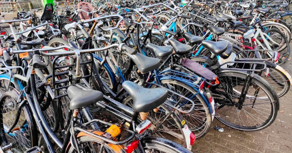 Piled bikes on the sidewalks of Amsterdam 